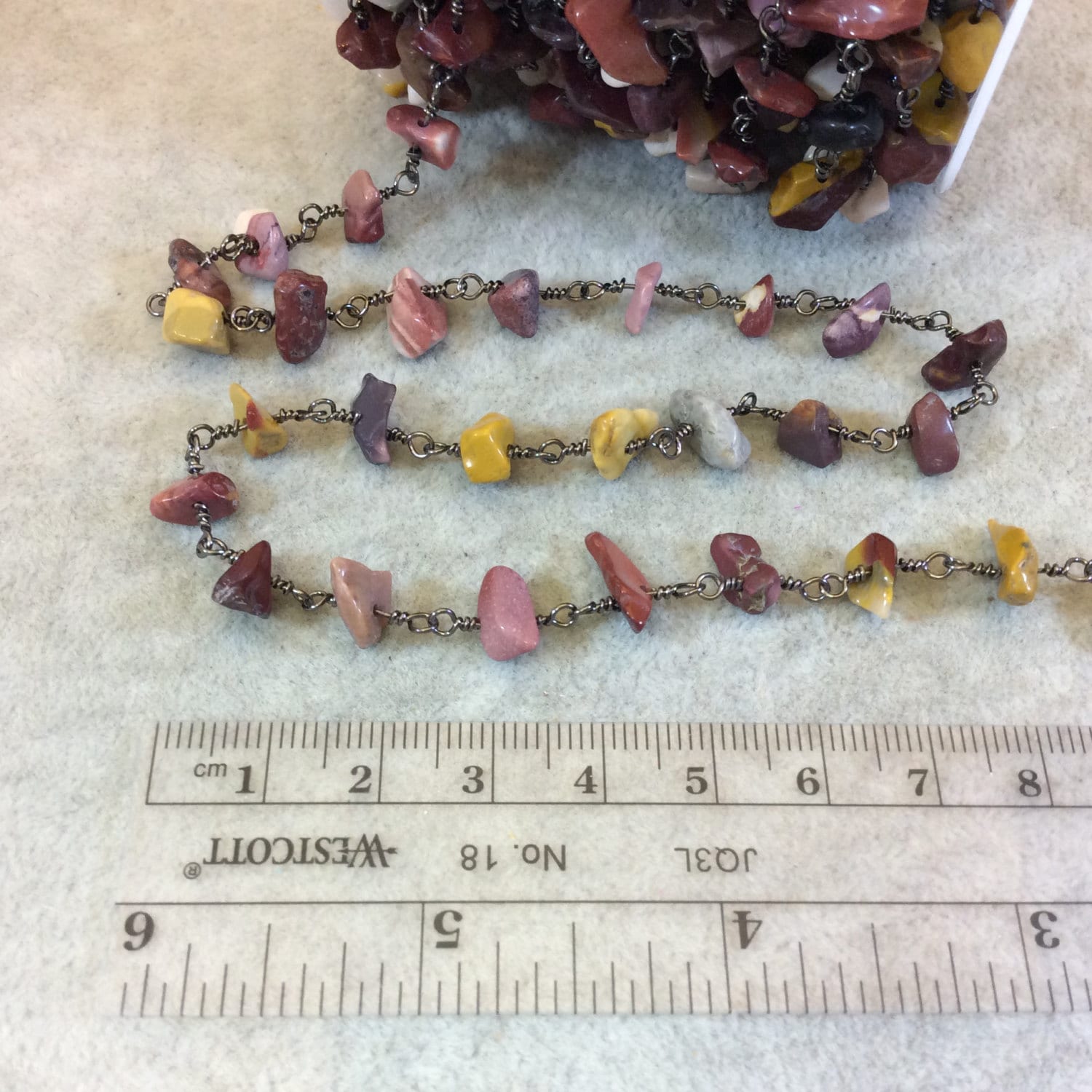 Gunmetal Plated Copper Rosary Chain with 4-8mm Mookaite Chip Beads - Sold by the Foot, or in Bulk! - Natural Semi-Precious Beaded Chain