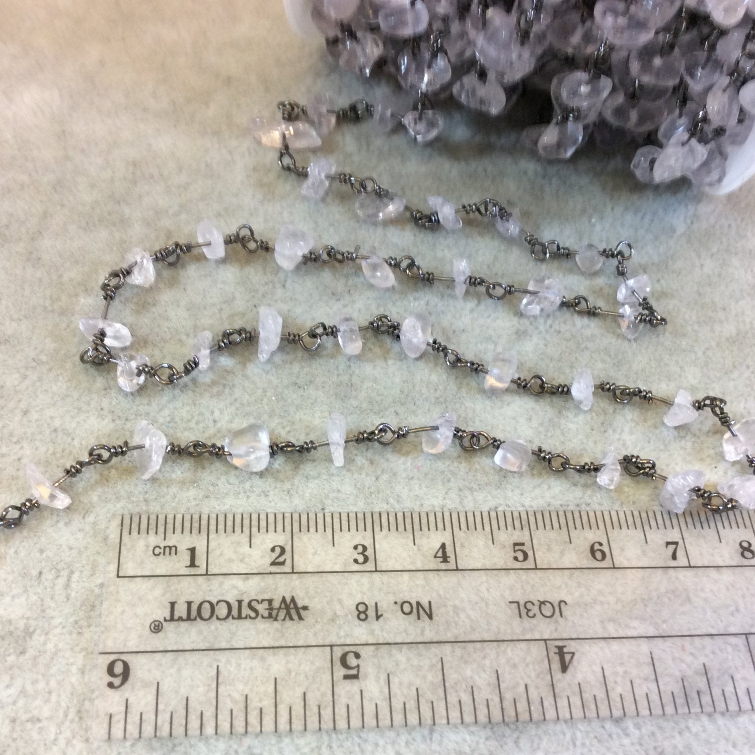 Gunmetal Plated Copper Rosary Chain with 4-8mm Clear Quartz Chip Beads- Sold by the Foot, or in Bulk! - Natural Semi-Precious Beaded Chain