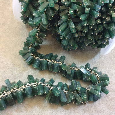 Silver Plated Copper Double Dangle Rosary Chain with 6-10mm Rectangle Shaped Aventurine Beads - Sold by the Foot Only - Natural Beaded Chain