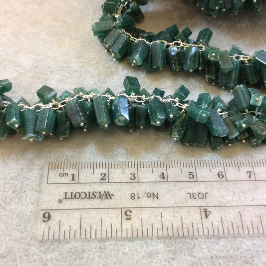 Silver Plated Copper Double Dangle Rosary Chain with 6-10mm Rectangle Shaped Aventurine Beads - Sold by the Foot Only - Natural Beaded Chain