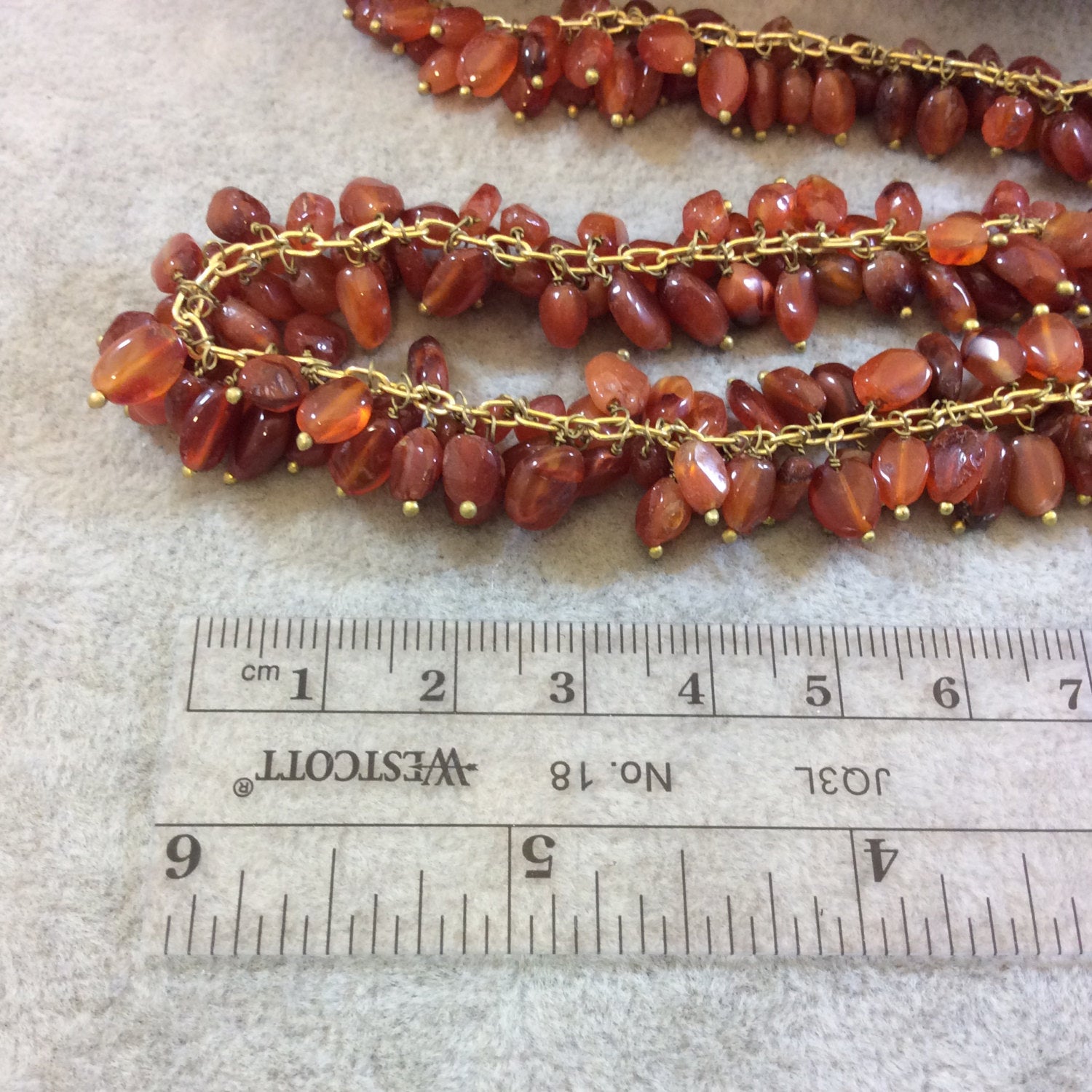 Gold Plated Copper Double Dangle Rosary Chain with 6-8mm Oval Shaped Red Carnelian Beads - Sold by the Foot Only - Natural Beaded Chain