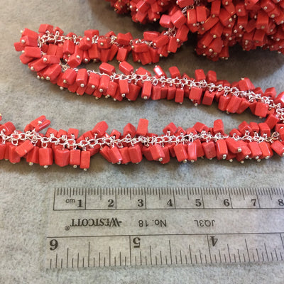 Silver Plated Copper Double Dangle Rosary Chain with 5-7mm Rectangle Shaped Syn. Coral Beads - Sold by the Foot Only - Natural Beaded Chain