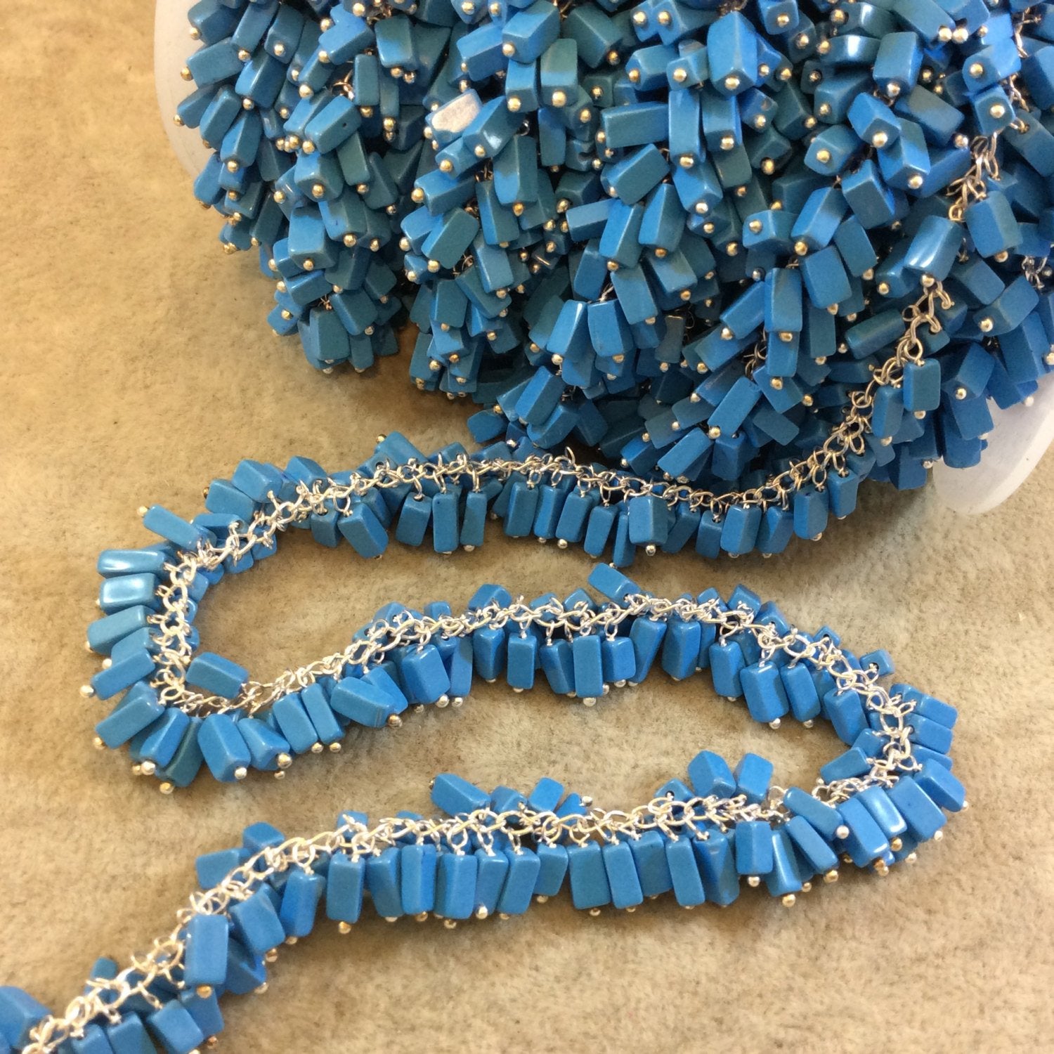 Silver Plated Copper Double Dangle Rosary Chain with 5-7mm Rectangle Syn. Turquoise Beads - Sold by the Foot Only - Natural Beaded Chain