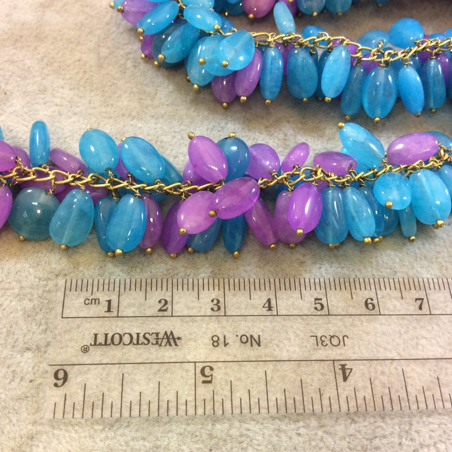 Gold Plated Copper Double Dangle Rosary Chain with 10mm Oval Shaped Blue/Purple Quartz Beads - Sold by the Foot Only - Natural Beaded Chain