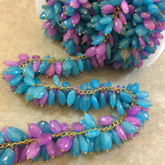 Gold Plated Copper Double Dangle Rosary Chain with 10mm Oval Shaped Blue/Purple Quartz Beads - Sold by the Foot Only - Natural Beaded Chain