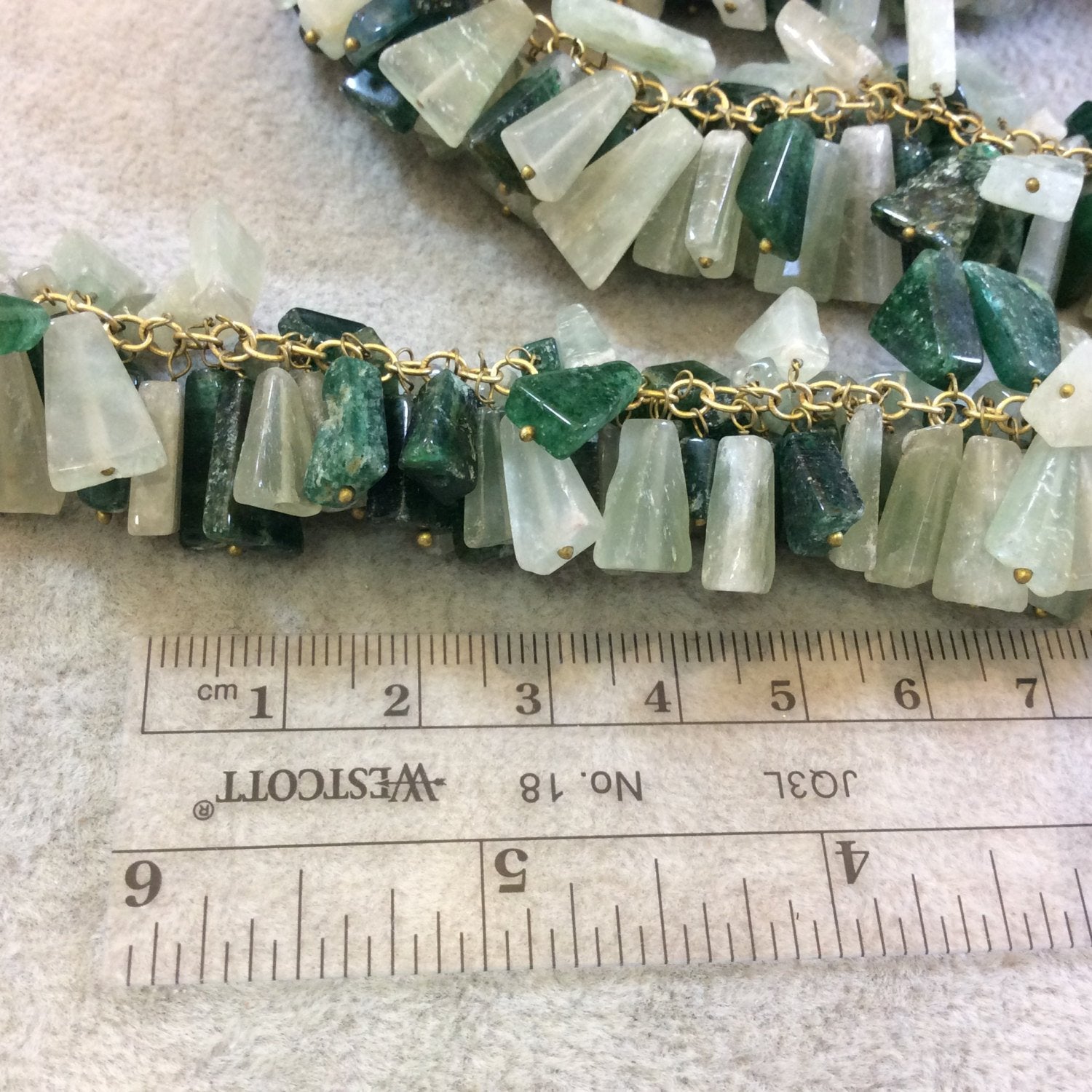 Gold Plated Copper Double Dangle Rosary Chain with 8-12mm Triangle Jade/Aventurine Beads - Sold by the Foot Only - Natural Beaded Chain