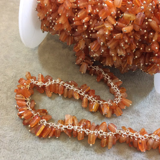 Silver Plated Copper Double Dangle Rosary Chain with 5-7mm Rectangle Shaped Carnelian Beads - Sold by the Foot Only - Natural Beaded Chain