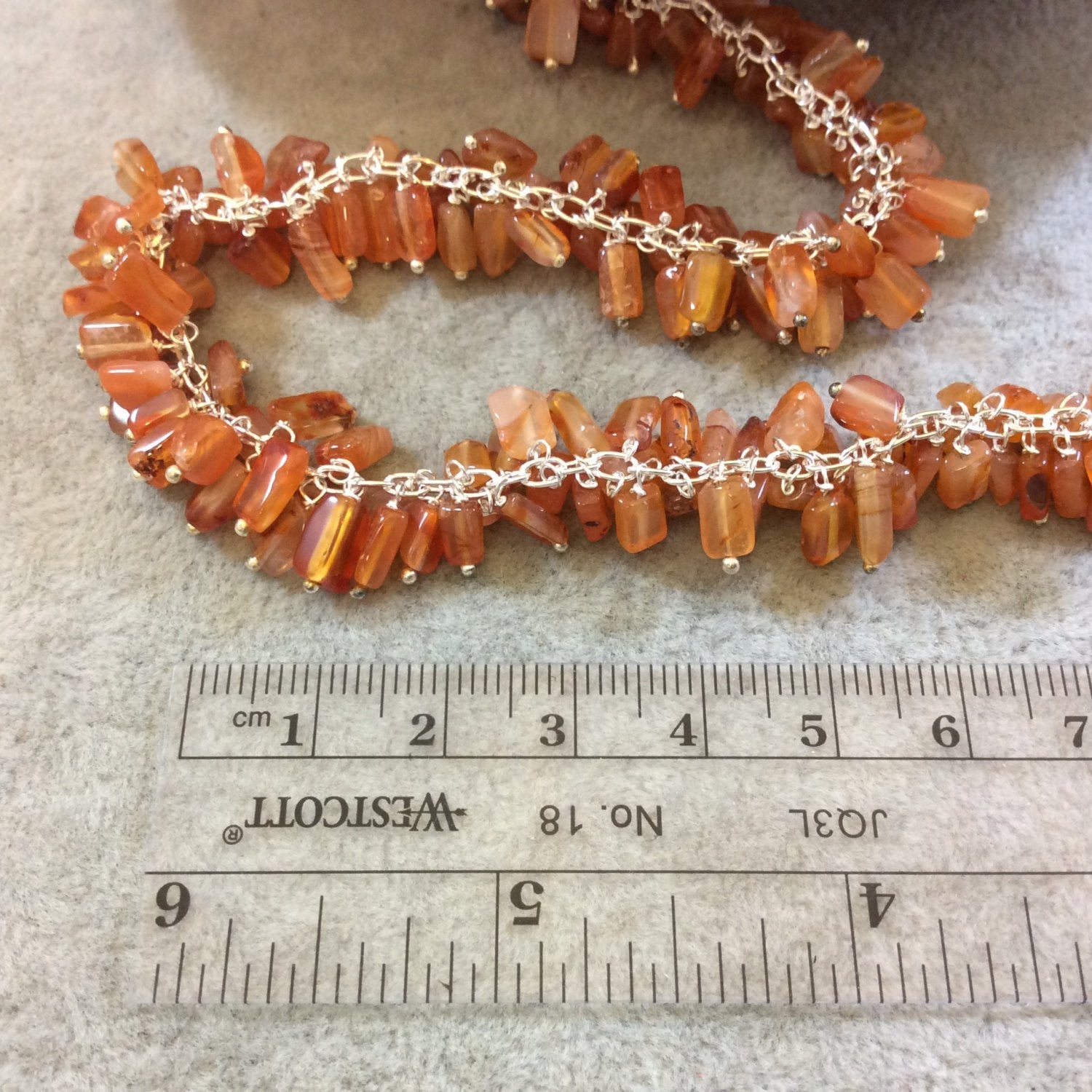 Silver Plated Copper Double Dangle Rosary Chain with 5-7mm Rectangle Shaped Carnelian Beads - Sold by the Foot Only - Natural Beaded Chain
