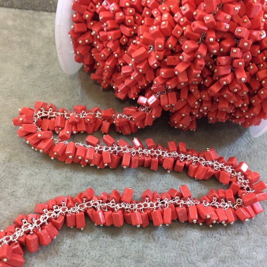 Silver Plated Copper Double Dangle Rosary Chain with 5-7mm Rectangle Shaped Syn. Coral Beads - Sold by the Foot Only - Natural Beaded Chain