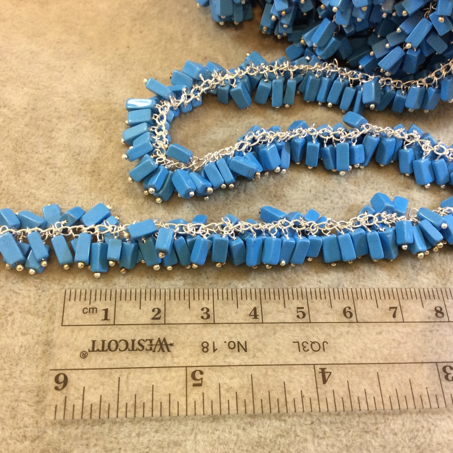 Silver Plated Copper Double Dangle Rosary Chain with 5-7mm Rectangle Syn. Turquoise Beads - Sold by the Foot Only - Natural Beaded Chain