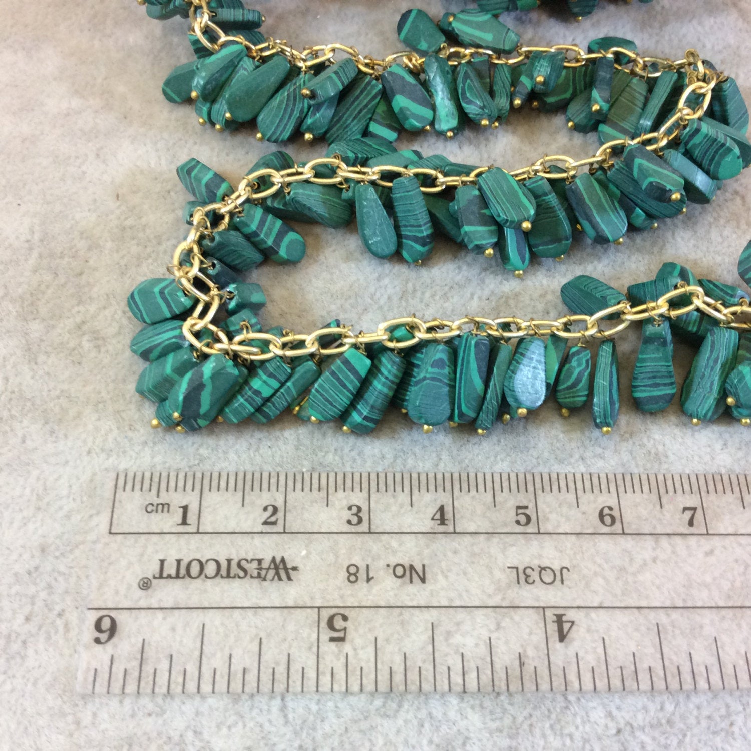 Gold Plated Copper Double Dangle Rosary Chain with 8-10mm Teardrop/Pear Shaped Syn. Malachite Beads - Sold by the Foot Only - Beaded Chain