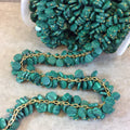 Gold Plated Copper Double Dangle Rosary Chain with 8mm Coin Shaped Syn. Malachite Beads - Sold by the Foot Only - Beaded Chain
