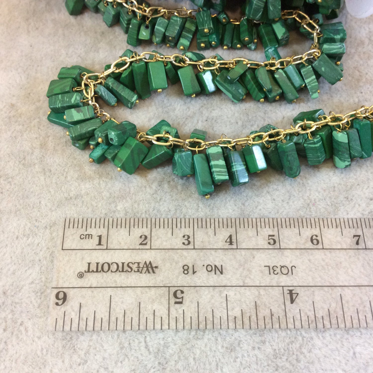 Gold Plated Copper Double Dangle Rosary Chain with 8-10mm Rectangle Shaped Syn. Grass Malachite Beads - Sold by the Foot Only - Beaded Chain