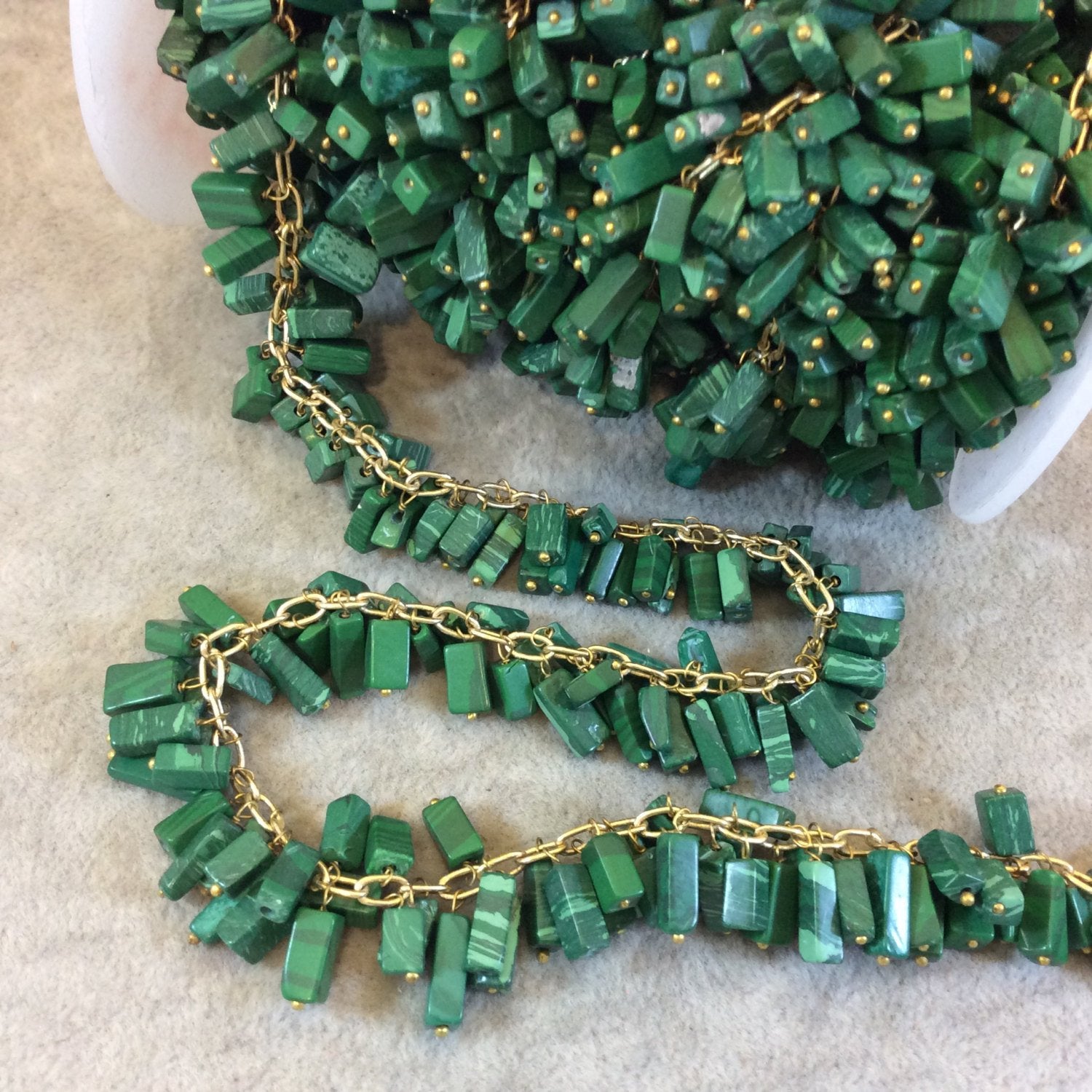 Gold Plated Copper Double Dangle Rosary Chain with 8-10mm Rectangle Shaped Syn. Grass Malachite Beads - Sold by the Foot Only - Beaded Chain