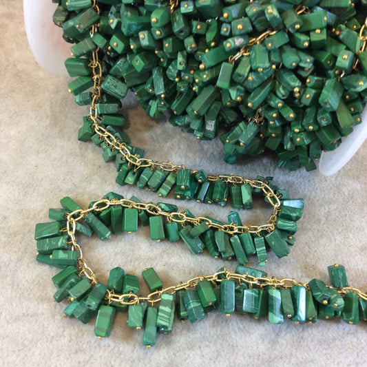 Gold Plated Copper Double Dangle Rosary Chain with 8-10mm Rectangle Shaped Syn. Grass Malachite Beads - Sold by the Foot Only - Beaded Chain