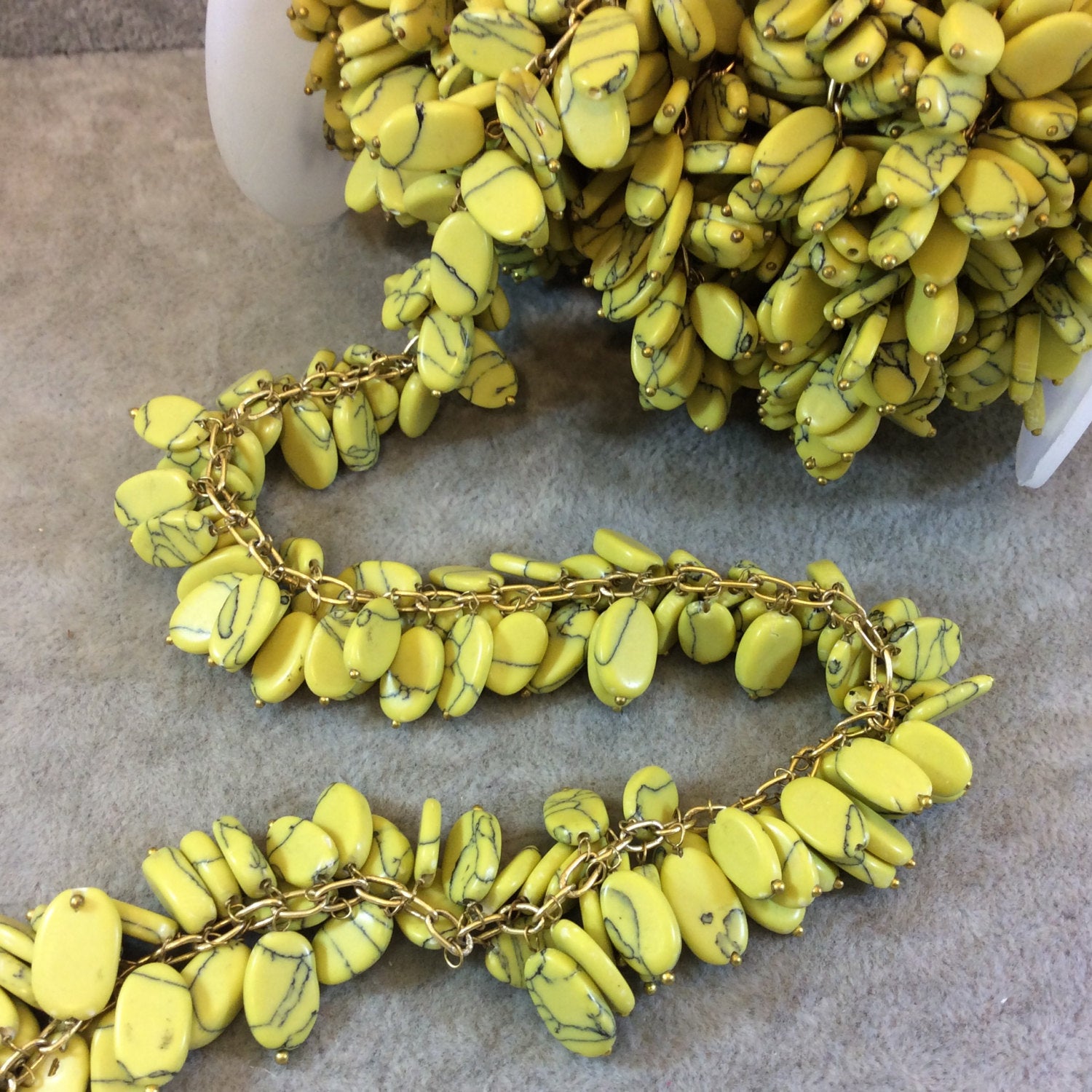 Gold Plated Copper Double Dangle Rosary Chain with 8-10mm Oval Shaped Yellow/Black Poly Resin Beads - Sold by the Foot Only - Beaded Chain