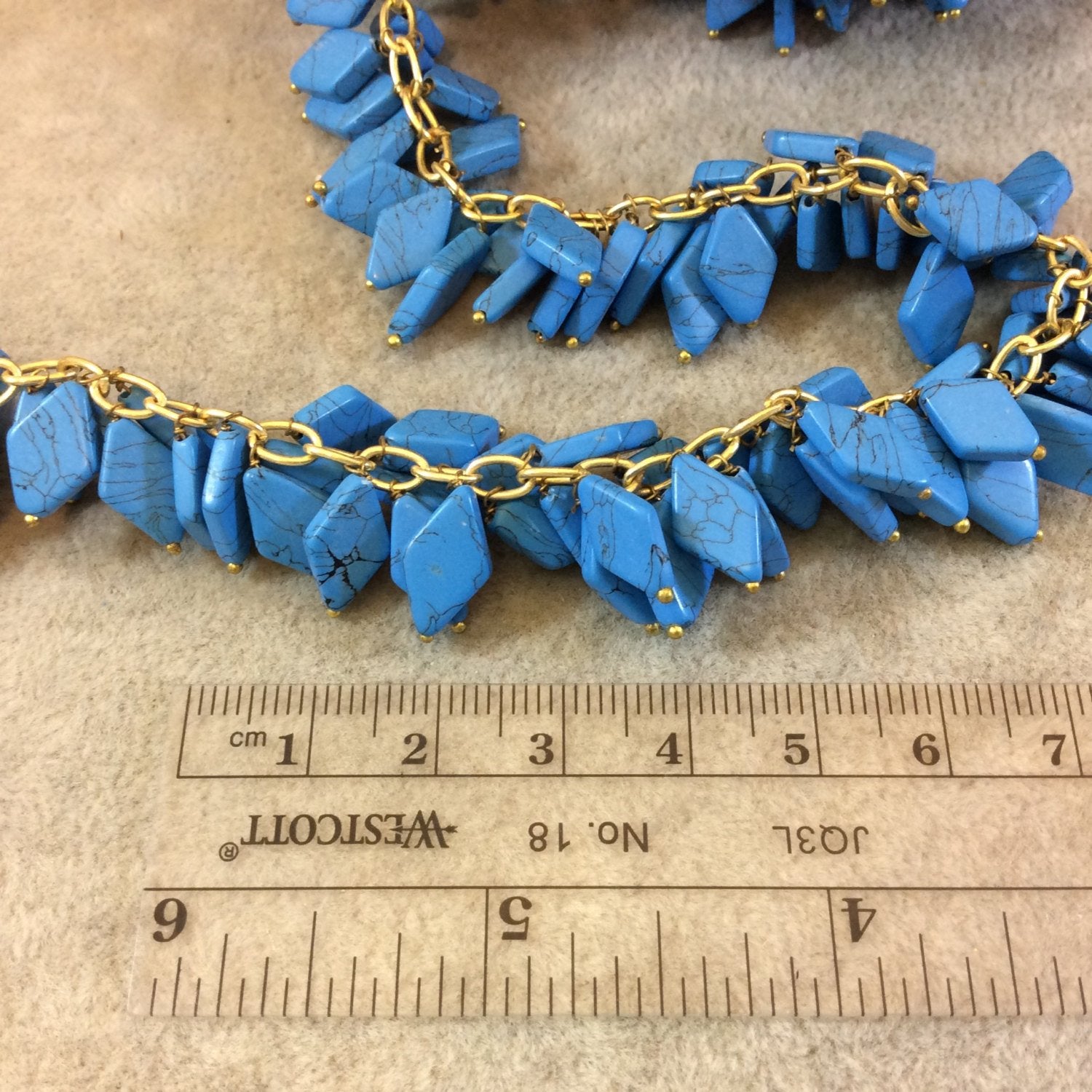 Gold Plated Copper Double Dangle Rosary Chain with 8-12mm Diamond Shaped Bright Syn. Vein Turquoise Beads - Sold by the Foot Only - Beaded
