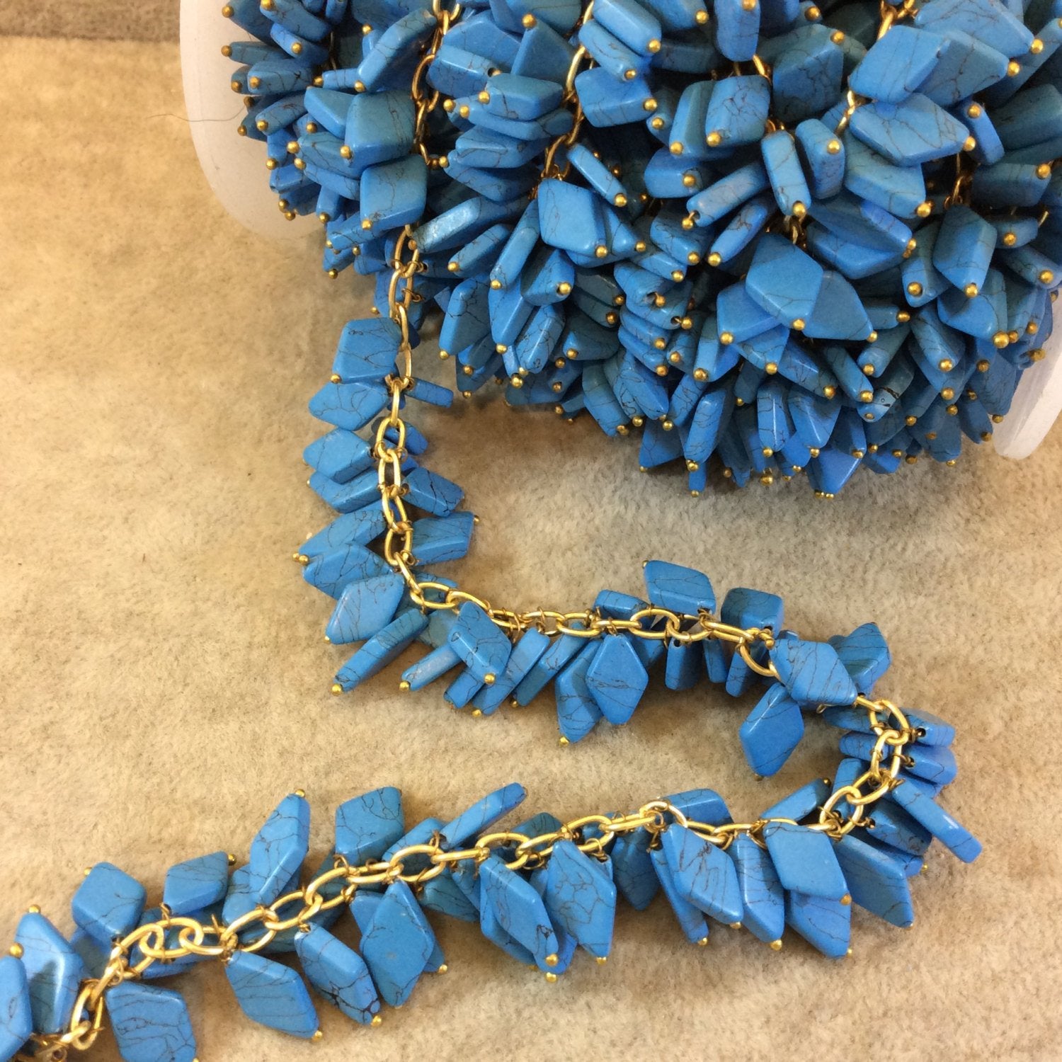Gold Plated Copper Double Dangle Rosary Chain with 8-12mm Diamond Shaped Bright Syn. Vein Turquoise Beads - Sold by the Foot Only - Beaded