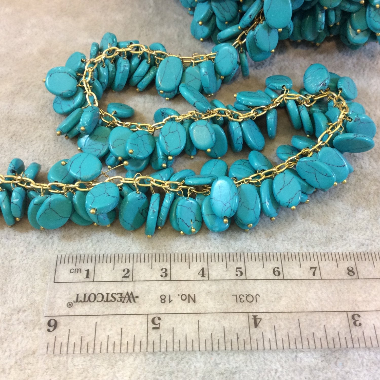 Gold Plated Copper Double Dangle Rosary Chain with 8-10mm Oval Shaped Syn. Teal Turquoise Beads - Sold by the Foot Only - Beaded Chain