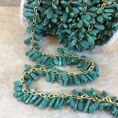 Gold Plated Copper Double Dangle Rosary Chain with 8-10mm Teardrop/Pear Shaped Syn. Malachite Beads - Sold by the Foot Only - Beaded Chain