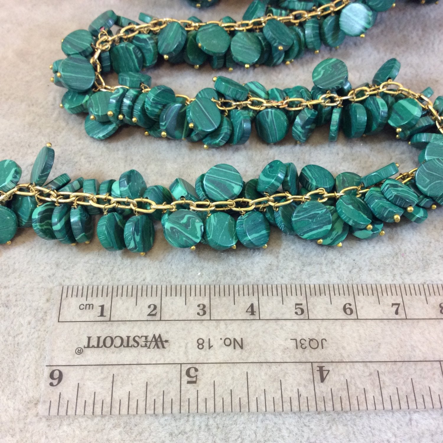 Gold Plated Copper Double Dangle Rosary Chain with 8mm Coin Shaped Syn. Malachite Beads - Sold by the Foot Only - Beaded Chain