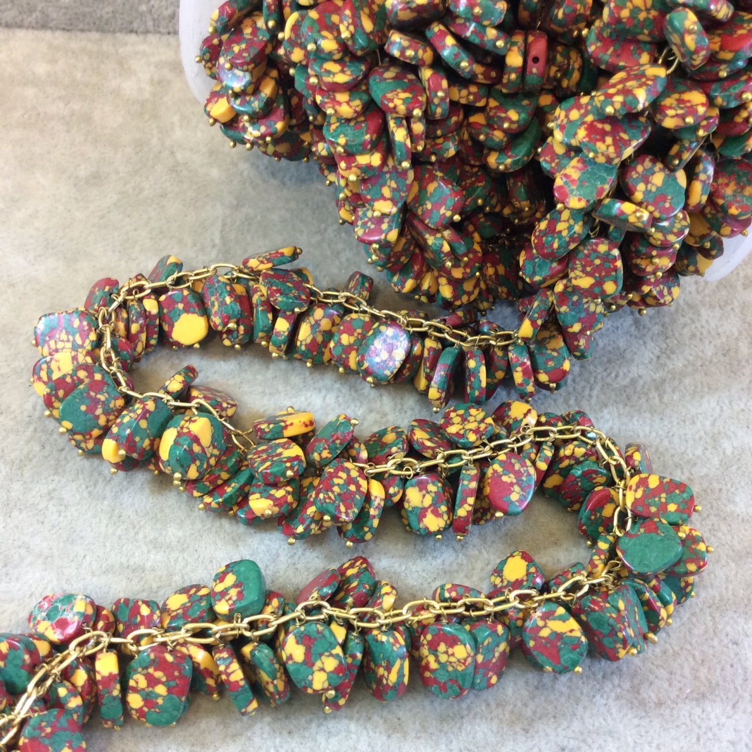 Gold Plated Copper Double Dangle Rosary Chain with 10mm Oval Shaped Rasta Colored Poly Resin Beads - Sold by the Foot Only - Beaded Chain