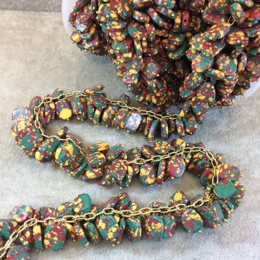Gold Plated Copper Double Dangle Rosary Chain with 10mm Oval Shaped Rasta Colored Poly Resin Beads - Sold by the Foot Only - Beaded Chain