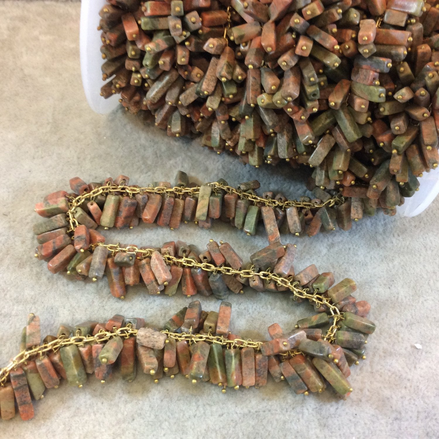 Gold Plated Copper Double Dangle Rosary Chain with 8-10mm Rectangle Shaped Unakite Beads - Sold by the Foot Only - Natural Beaded Chain