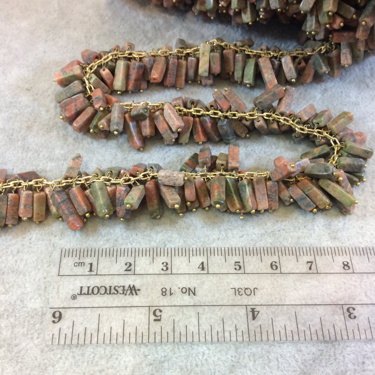 Gold Plated Copper Double Dangle Rosary Chain with 8-10mm Rectangle Shaped Unakite Beads - Sold by the Foot Only - Natural Beaded Chain