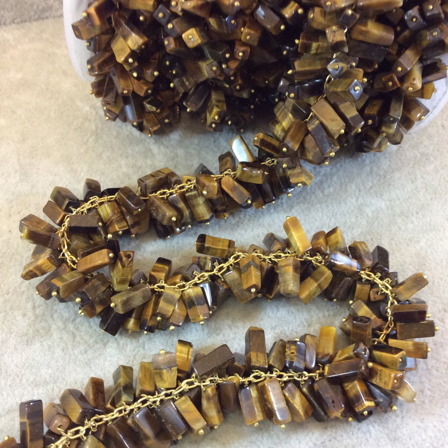 Gold Plated Copper Double Dangle Rosary Chain with 8-10mm Rectangle Shaped Tiger Eye Beads - Sold by the Foot Only - Natural Beaded Chain