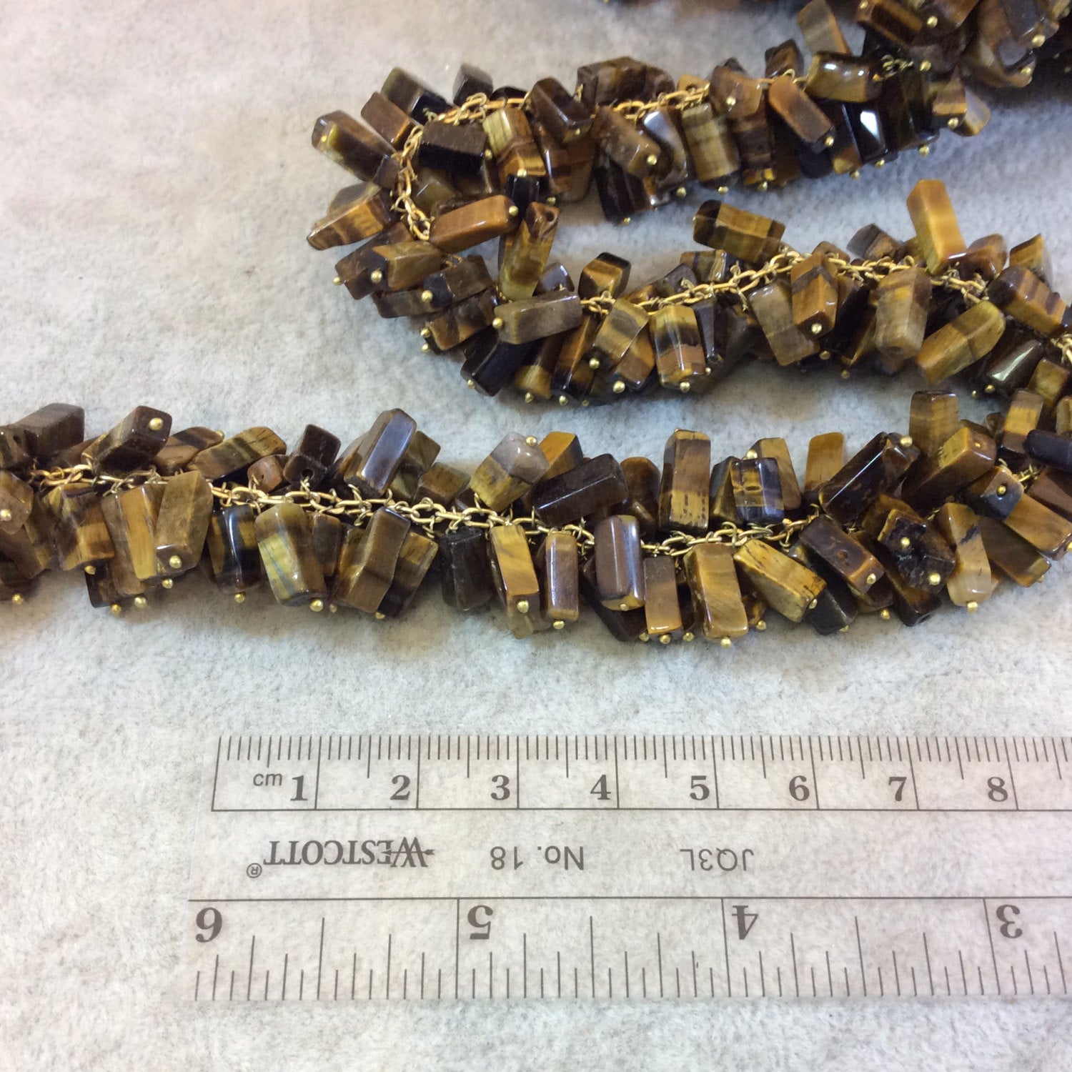 Gold Plated Copper Double Dangle Rosary Chain with 8-10mm Rectangle Shaped Tiger Eye Beads - Sold by the Foot Only - Natural Beaded Chain