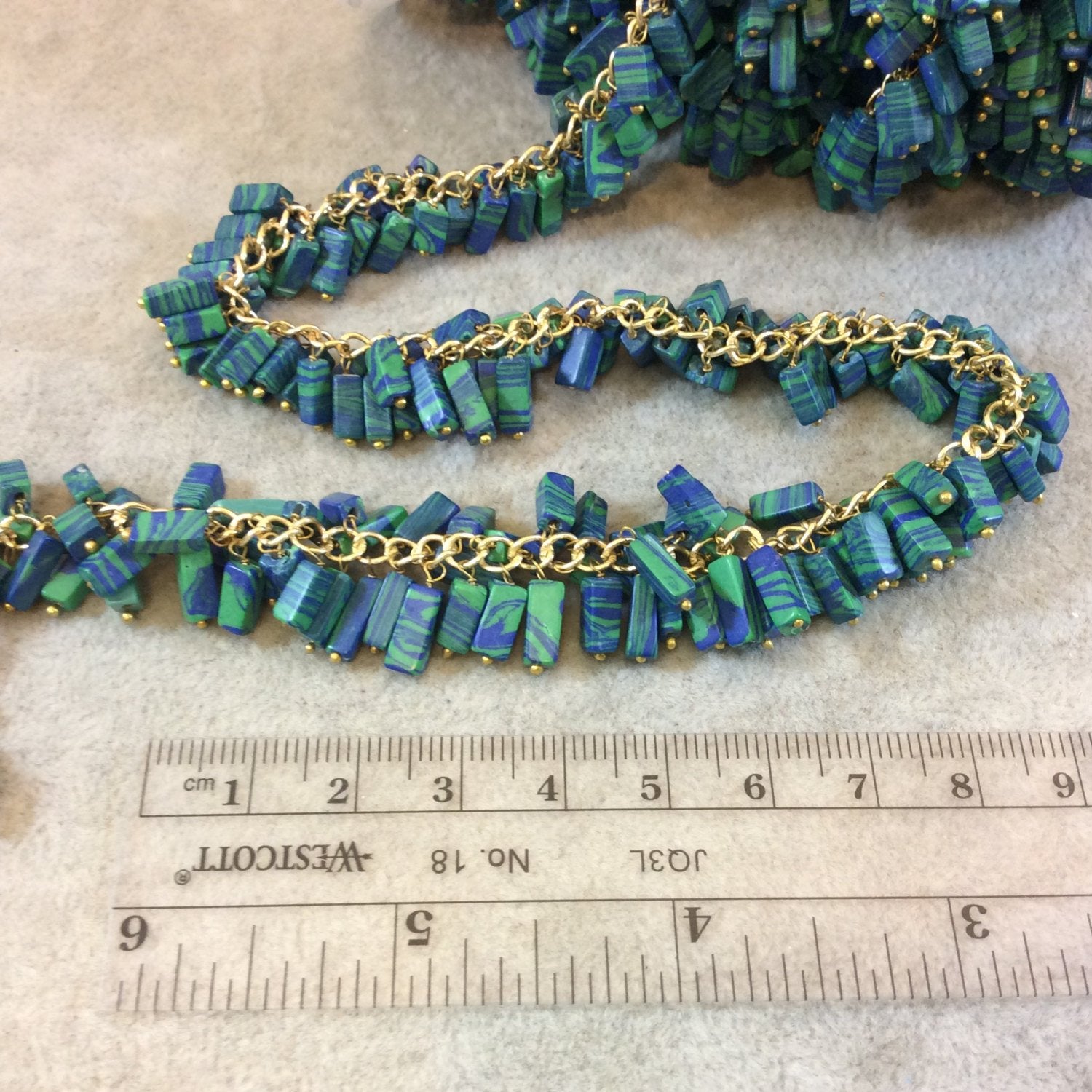 Gold Plated Copper Double Dangle Rosary Chain with 6-8mm Rectangle Syn. Azurite/Malachite Beads - Sold by the Foot Only - Beaded Chain