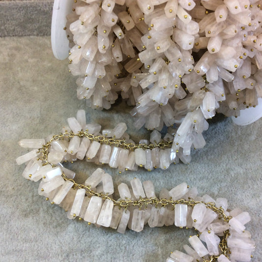 Gold Plated Copper Double Dangle Rosary Chain with 8-12mm Rectangle Pale Rose Quartz Beads - Sold by the Foot Only - Natural Beaded Chain