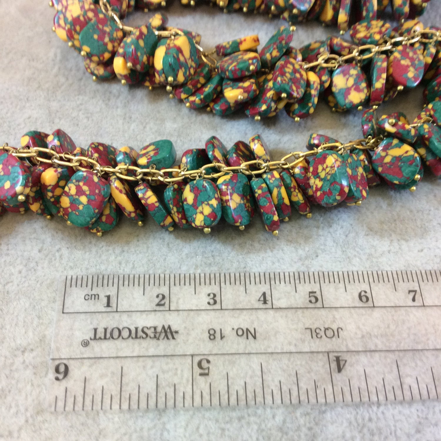 Gold Plated Copper Double Dangle Rosary Chain with 10mm Oval Shaped Rasta Colored Poly Resin Beads - Sold by the Foot Only - Beaded Chain
