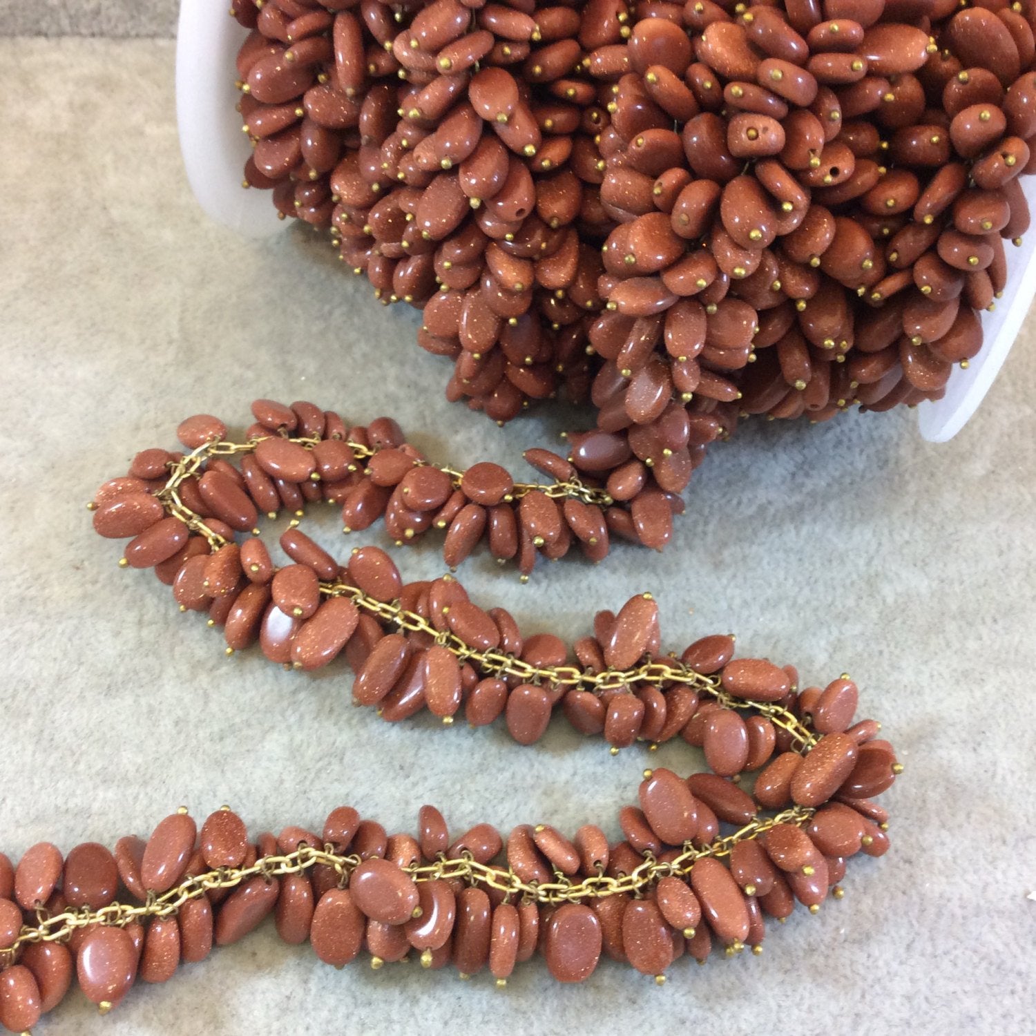 Gold Plated Copper Double Dangle Rosary Chain with 6-8mm Oval Shaped Goldstone Beads - Sold by the Foot Only - Man-Made Beaded Chain