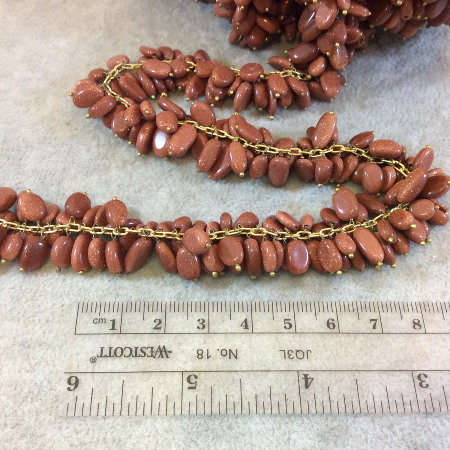 Gold Plated Copper Double Dangle Rosary Chain with 6-8mm Oval Shaped Goldstone Beads - Sold by the Foot Only - Man-Made Beaded Chain