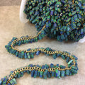 Gold Plated Copper Double Dangle Rosary Chain with 6-8mm Rectangle Syn. Azurite/Malachite Beads - Sold by the Foot Only - Beaded Chain