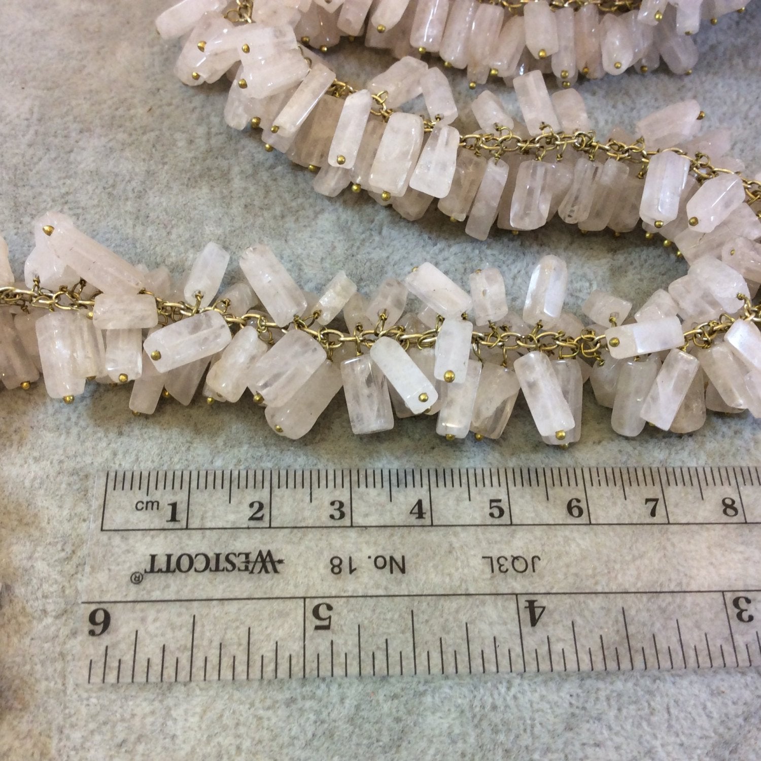 Gold Plated Copper Double Dangle Rosary Chain with 8-12mm Rectangle Pale Rose Quartz Beads - Sold by the Foot Only - Natural Beaded Chain