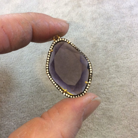 Gold Finish Faceted CZ Rimmed Transparent Purple Quartz Freeform Shaped Bezel Pendant Component - Measures 23mm x 29mm