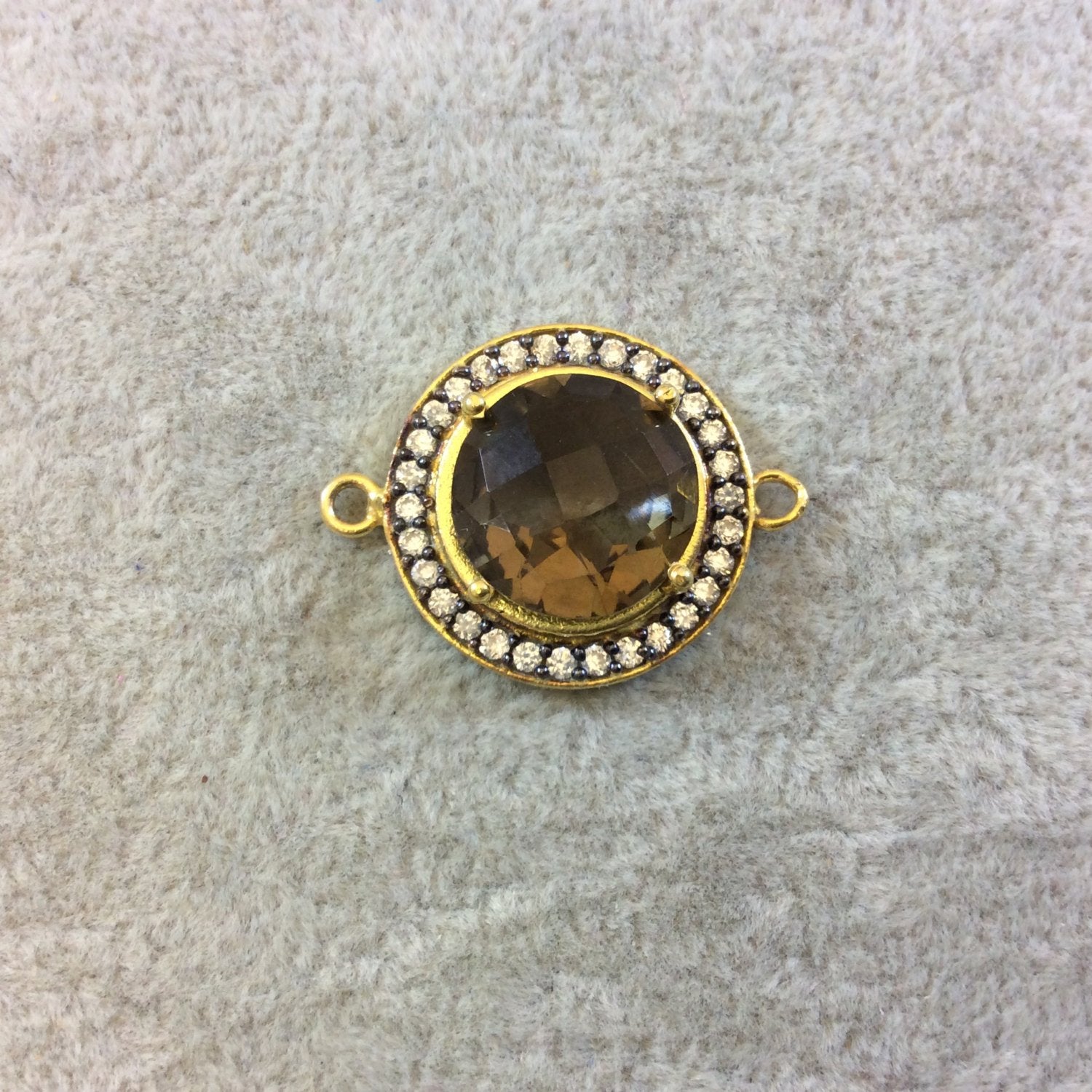 Gold Finish Faceted CZ Rimmed Smoky Quartz Round/Circle Shaped Bezel Connector Component - Measures 21mm x 21mm - Sold Individually