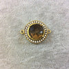 Gold Finish Faceted CZ Rimmed Smoky Quartz Round/Circle Shaped Bezel Connector Component - Measures 21mm x 21mm - Sold Individually