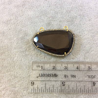 Gold Finish Faceted CZ Rimmed Smoky Quartz Freeform Shaped Bezel Pendant Component - Measures 37mm x 24mm - Sold Individually