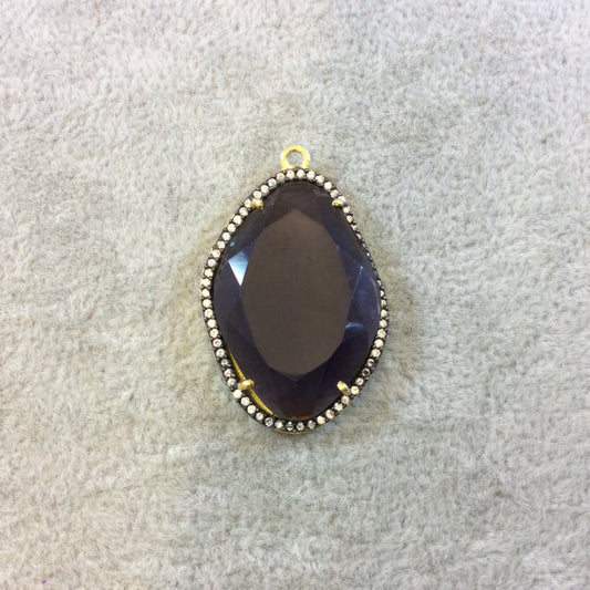 Gold Finish Faceted CZ Rimmed Transparent Purple Quartz Freeform Shaped Bezel Pendant Component - Measures 23mm x 29mm