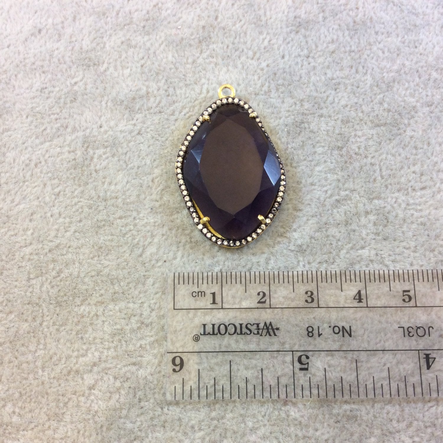 Gold Finish Faceted CZ Rimmed Transparent Purple Quartz Freeform Shaped Bezel Pendant Component - Measures 23mm x 29mm