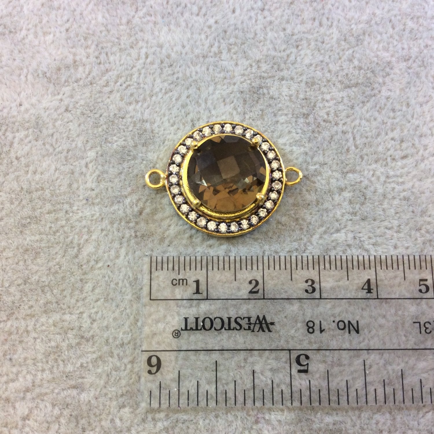 Gold Finish Faceted CZ Rimmed Smoky Quartz Round/Circle Shaped Bezel Connector Component - Measures 21mm x 21mm - Sold Individually