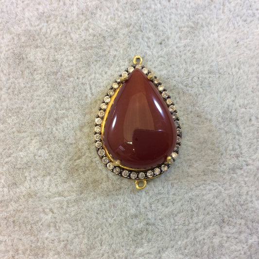 Gold Finish Smooth CZ Rimmed Carnelian Teardrop/Pear Shaped Bezel Pendant/Connector Component - Measures 22mm x 29mm
