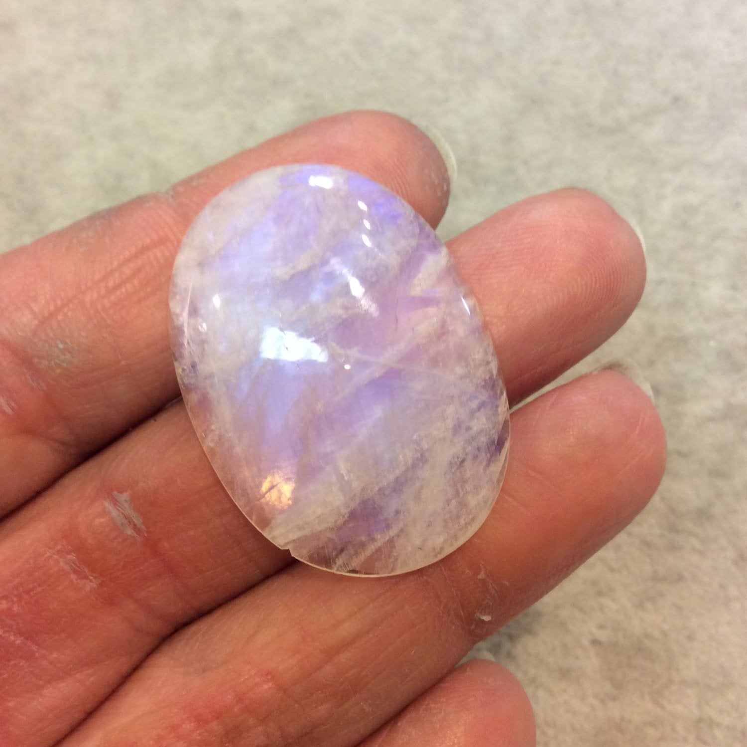 AAA Oval Shaped Rainbow Moonstone Flat Back Cabochon with Small Chip - Measuring 27mm x 37mm, 6mm Dome Height - Natural Gemstone Cab