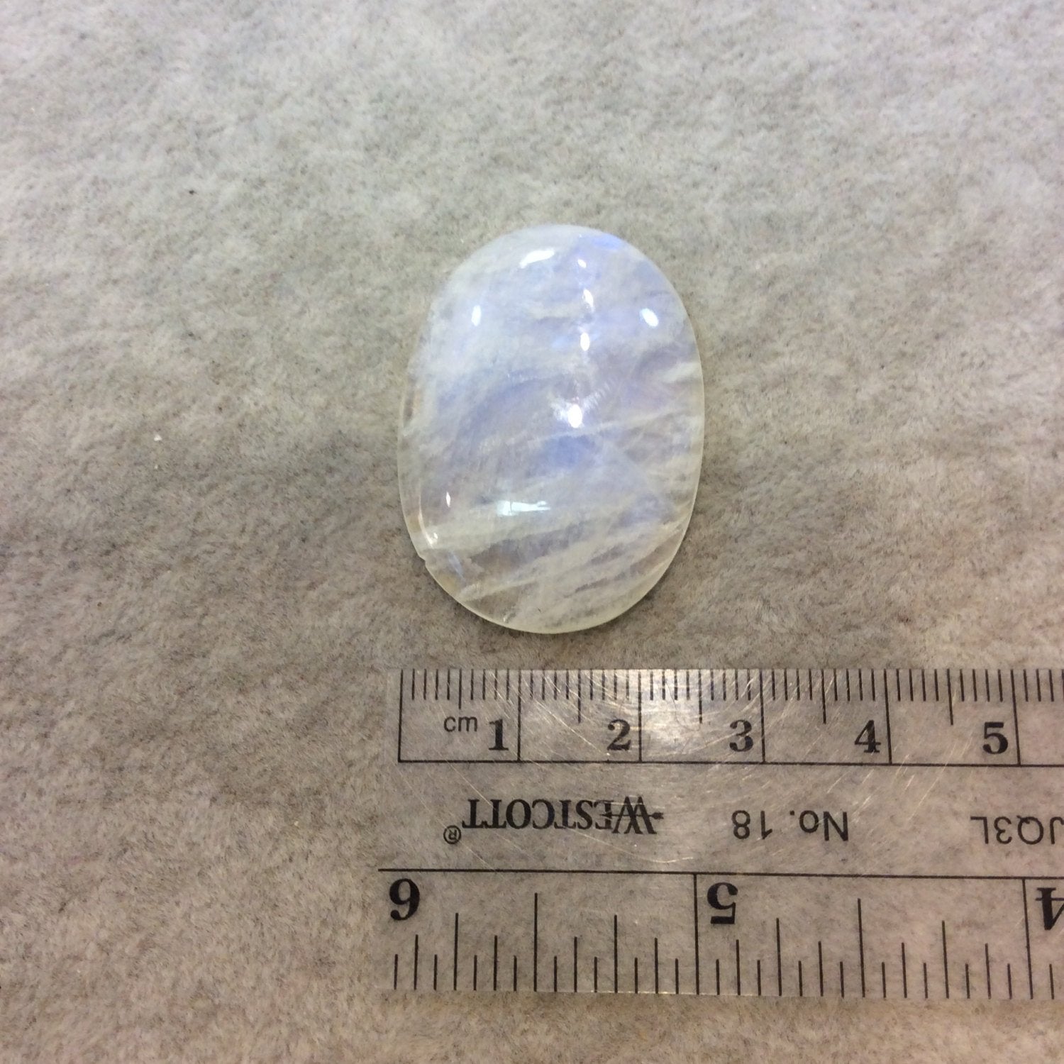 AAA Oval Shaped Rainbow Moonstone Flat Back Cabochon with Small Chip - Measuring 27mm x 37mm, 6mm Dome Height - Natural Gemstone Cab