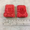 Bright Red Carved Oriental Patterened Resin Focal Beads with 2.5mm Holes - Measuring 42mm x 51mm - Sold Individually, Randomly Selected