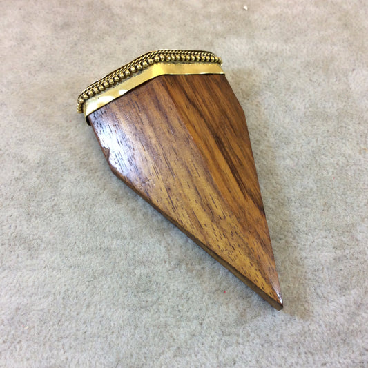 3" Warm Brown Tapered Front Flat Back Arrow Shaped Natural Wood Pendant with Dotted Gold Plated Cap - Measuring 50mm x 78mm - (TR3WBTFFBA)
